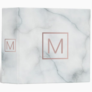 rose gold monogram on elegant white marble look 3 ring binder
