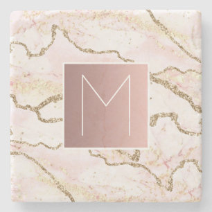 rose gold monogram on pink marble stone coaster