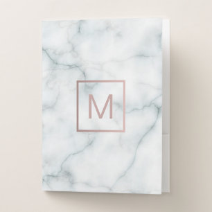 rose gold monogram on white marble elegant pocket folder