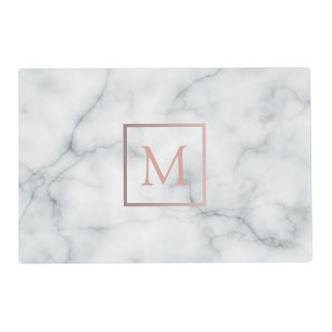 rose gold monogram on white marble look placemat