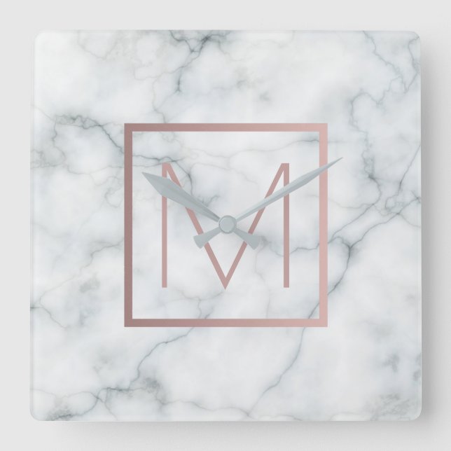 rose gold monogram on white marble stone square wall clock (Front)