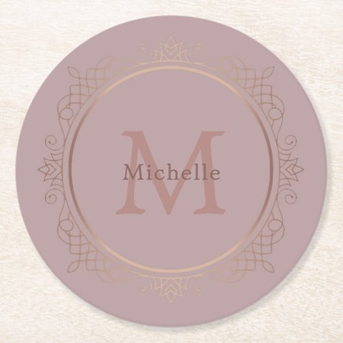 Rose Gold Monogram Personalized Elegant Template Round Paper Coaster