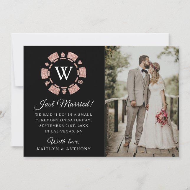 Rose Gold Monogram Poker Chip Casino Wedding Announcement (Front)