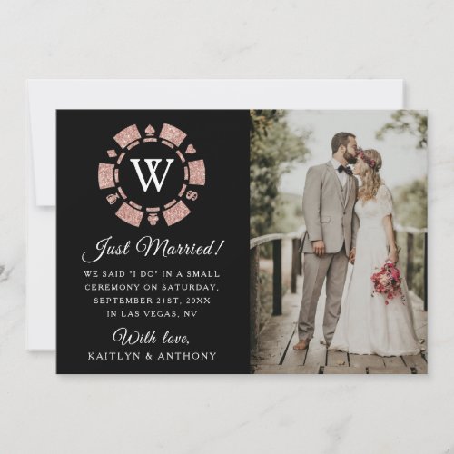 Rose Gold Monogram Poker Chip Casino Wedding Announcement