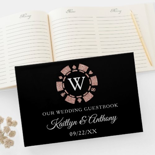 Rose Gold Monogram Poker Chip Casino Wedding Guest Book