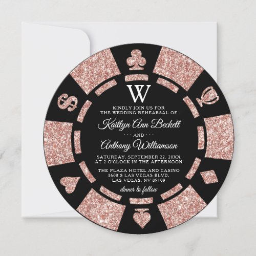 Rose Gold Monogram Poker Chip Casino Wedding Invitation