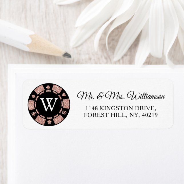 Rose Gold Monogram Poker Chip Casino Wedding Label (Insitu)