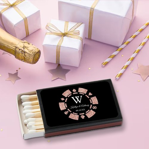 Rose Gold Monogram Poker Chip Casino Wedding Matchboxes