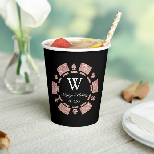 Rose Gold Monogram Poker Chip Casino Wedding Paper Cups