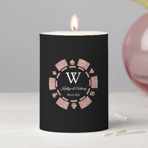 Rose Gold Monogram Poker Chip Casino Wedding Pillar Candle