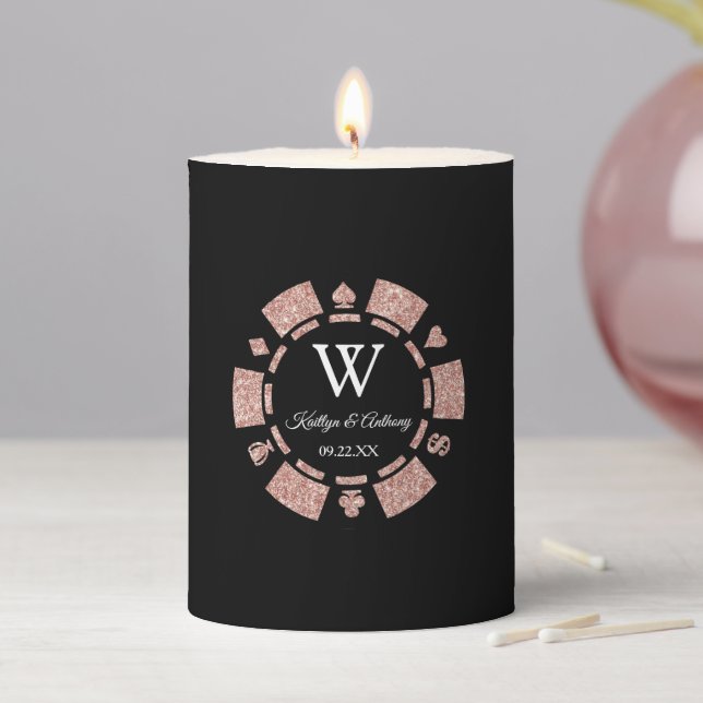 Rose Gold Monogram Poker Chip Casino Wedding Pillar Candle (In Situ)
