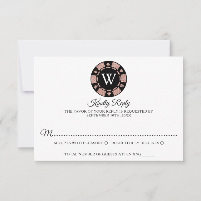 Rose Gold Monogram Poker Chip Casino Wedding RSVP Card (Front)