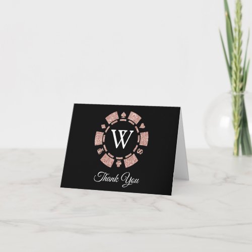 Rose Gold Monogram Poker Chip Casino Wedding Thank You Card