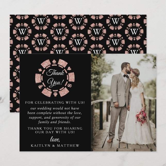 Rose Gold Monogram Poker Chip Casino Wedding Thank You Card (Front/Back)
