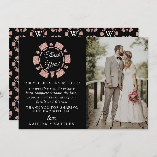 Rose Gold Monogram Poker Chip Casino Wedding Thank You Card