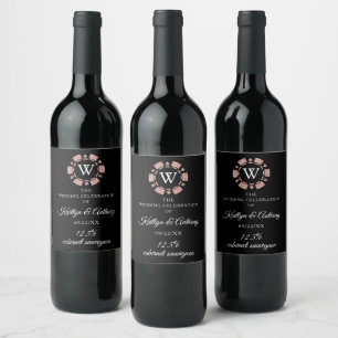 Rose Gold Monogram Poker Chip Casino Wedding Wine Label