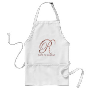 Rose Gold Monogram R Chef de Cuisine or Your Text Adult Apron