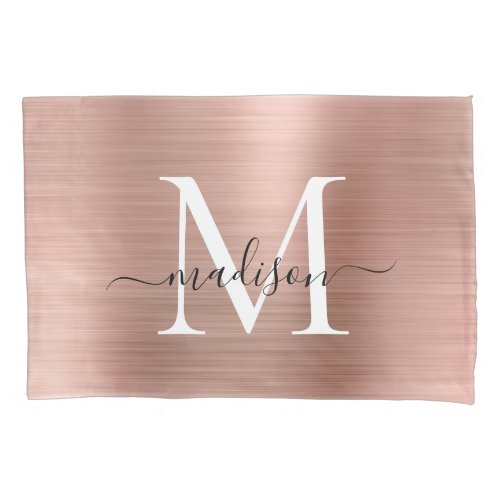 Rose Gold Monogram Script Elegant Brushed Metal Pillow Case