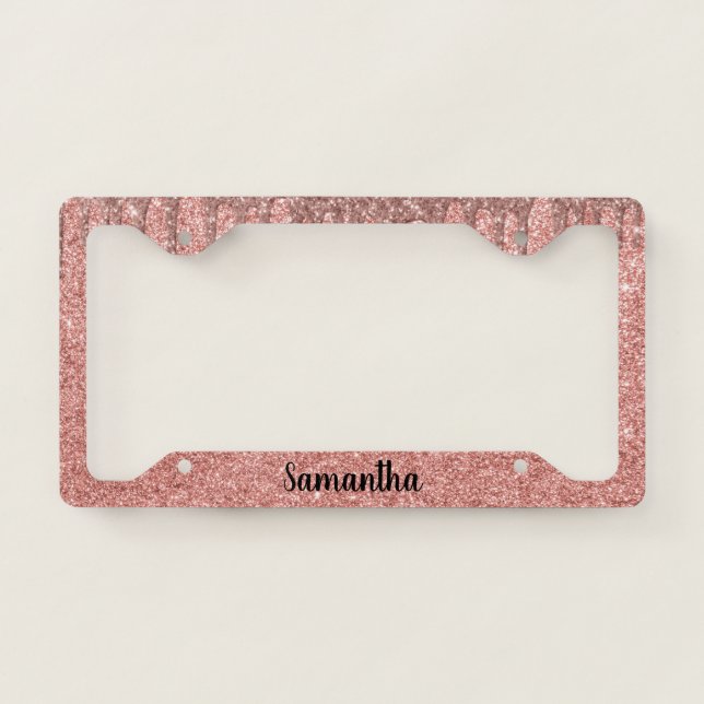 Rose Gold Monogram Script Glitter and Sparkle License Plate Frame (Front)