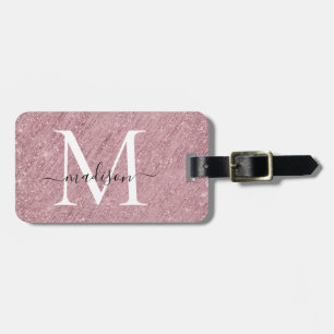 Rose Gold Monogram Script Glitter Sparkle Tinsel Luggage Tag