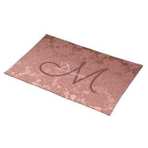 Rose Gold Monogram Script Modern Elegant Floral Cloth Placemat