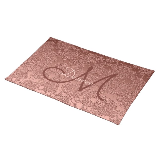 Rose Gold Monogram Script Modern Elegant Floral Cloth Placemat (On Table)