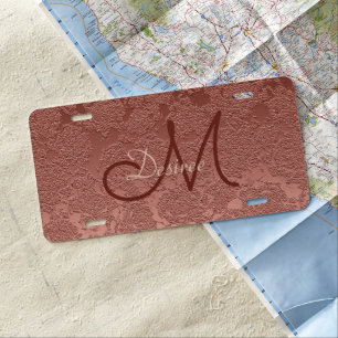 Rose Gold Monogram Script Modern Elegant Floral License Plate