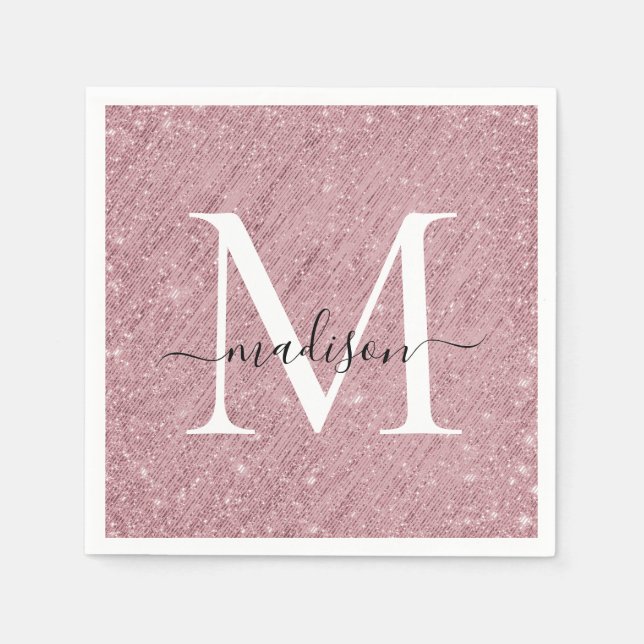 Rose Gold Monogram Script Sparkle Glitter Tinsel Napkins (Front)