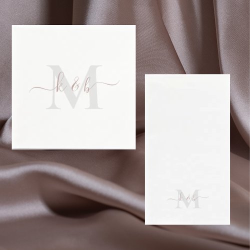 Rose Gold Monogram Swash Script White Cocktail  Napkins