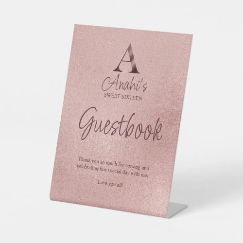 Rose Gold Monogram Sweet Sixteen Guestbook Pedestal Sign