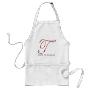 Rose Gold Monogram T Chef de Cuisine or Your Text Adult Apron
