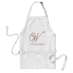 Rose Gold Monogram W Chef de Cuisine or Your Text Adult Apron