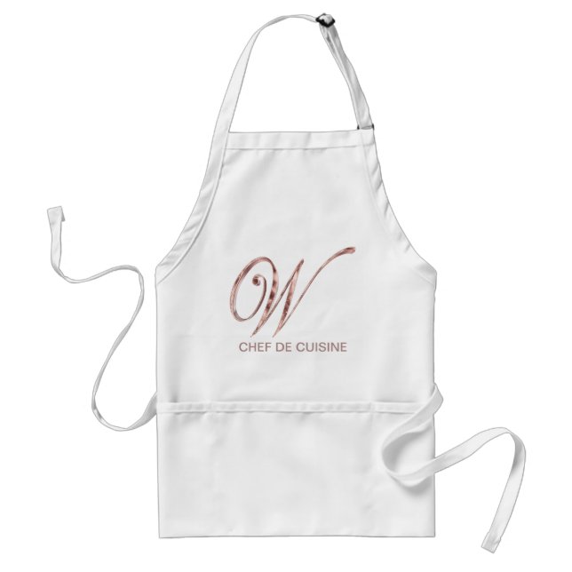 Rose Gold Monogram W Chef de Cuisine or Your Text Adult Apron (Front)