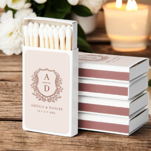 Rose Gold Monogram Wedding Floral Crest Matchboxes