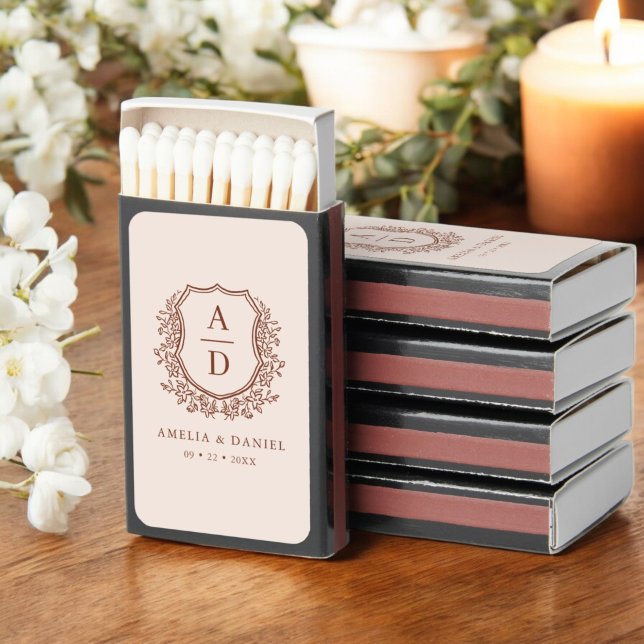 Rose Gold Monogram Wedding Floral Crest Matchboxes (Creator Uploaded)