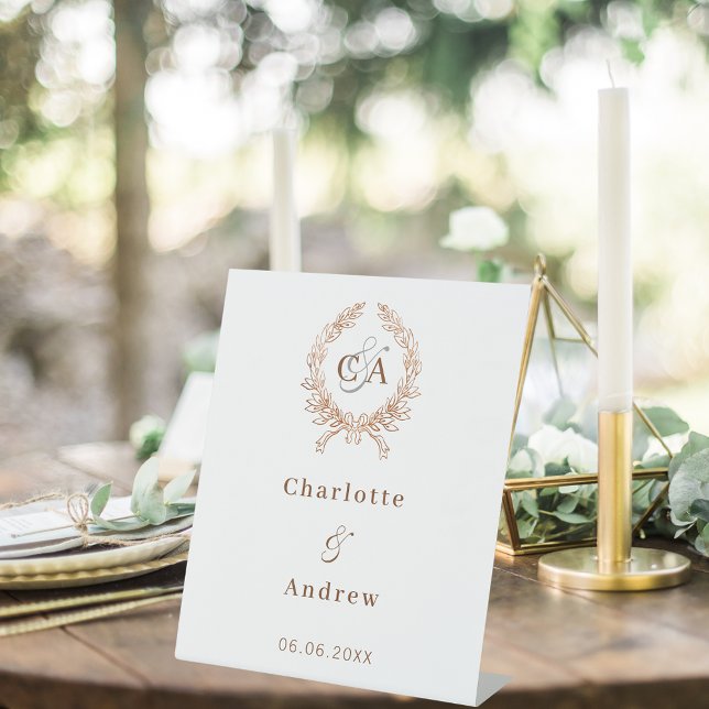 Rose gold monogram wreath wedding welcome pedestal sign (Creator Uploaded)