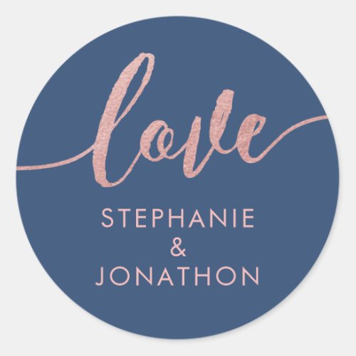 Rose Gold  Moody Navy Blue Personalized Wedding Classic Round Sticker