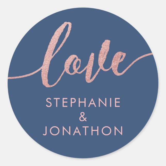 Rose Gold & Moody Navy Blue Personalized Wedding Classic Round Sticker (Front)
