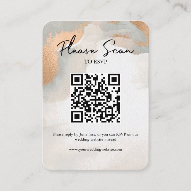 Rose Gold Moody Watercolor Abstract QR Code RSVP Place Card (Front)