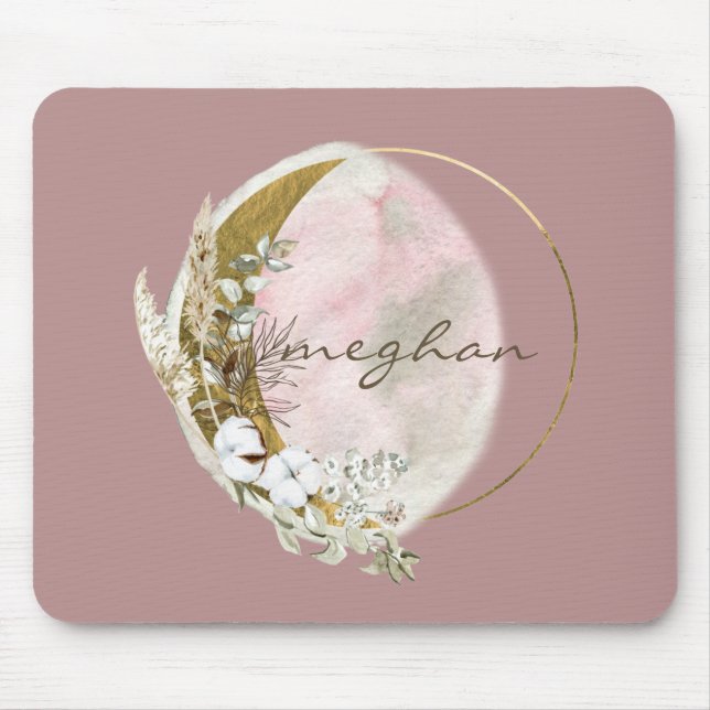 Rose Gold Moon Monogram Name Handwriting  Mouse Pa Pad (Front)