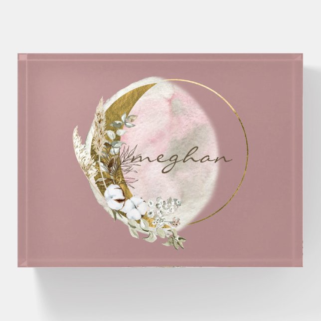 Rose Gold Moon Monogram Name Handwriting Paperweig Paperweight (Front)