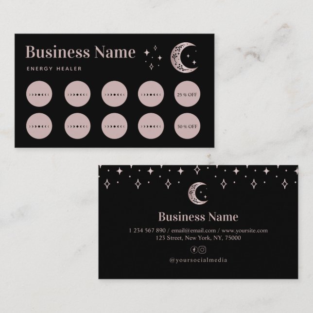 Rose Gold Moon Star Energy Healer Loyalty Card (Front/Back)