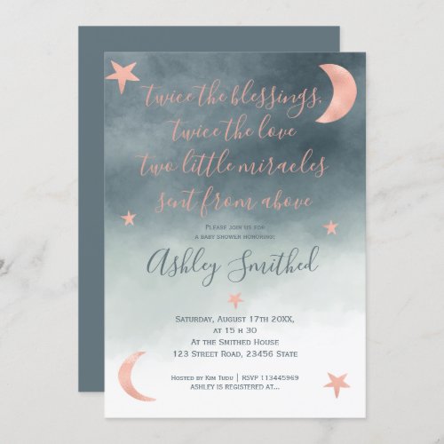 Rose gold moon star watercolor twins baby shower invitation