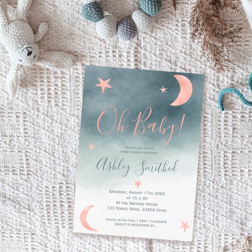 Rose gold moon stars blue watercolor baby shower invitation