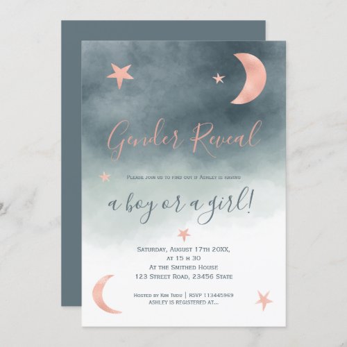 Rose gold moon stars watercolor gender reveal invitation
