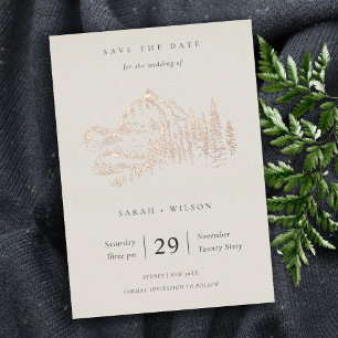 Rose Gold Mountain Pine Sketch Save The Date Foil Invitation