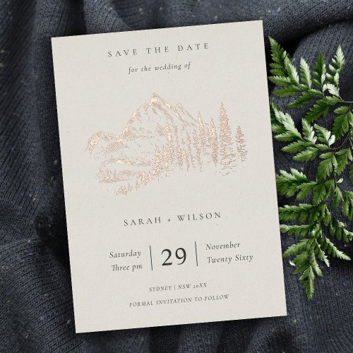 Rose Gold Mountain Pine Sketch Save The Date Foil Invitation