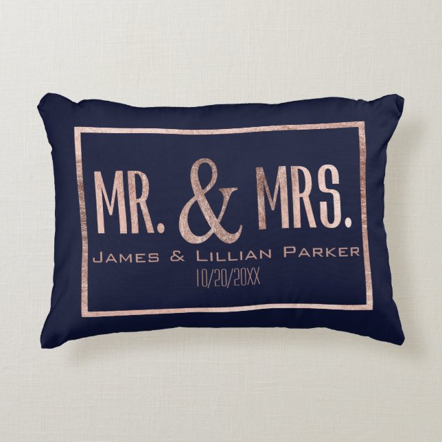 Rose Gold Mr. and Mrs. Navy Blue Monogram Wedding Accent Pillow (Front)