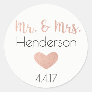 Rose Gold, Mr. & Mrs. Stickers- Wedding Favors Classic Round Sticker