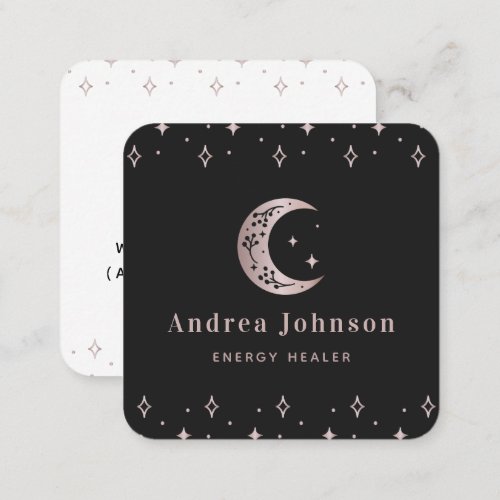 Rose Gold Mystic Moon Star Sparkles Modern Witch Square Business Card